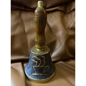 Vintage Brass Hand Bell Etched Coffee Cup Enameled Teal Wood Carved Handle